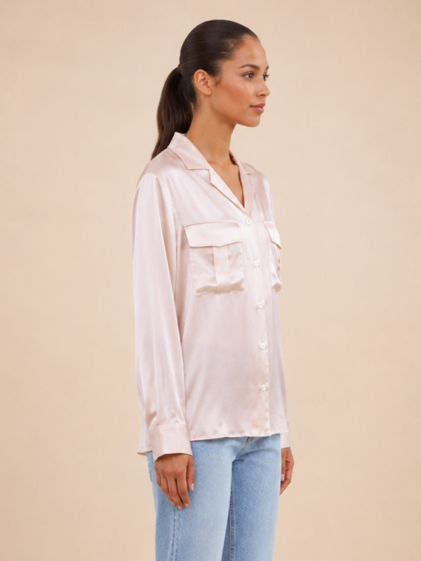 Olivia - Blush Pink Double Pocket Silk Blouse | The Silk Avenue