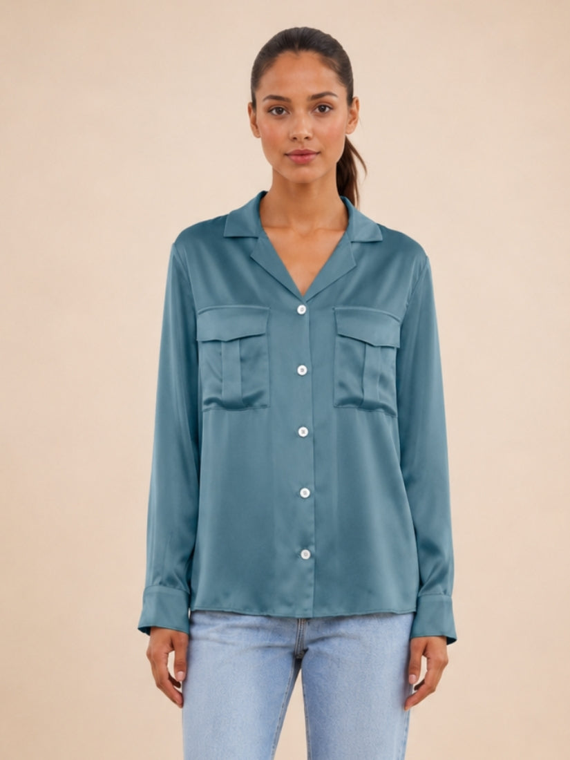 Olivia - Blue Emerald Double Pocket Silk Blouse | The Silk Avenue