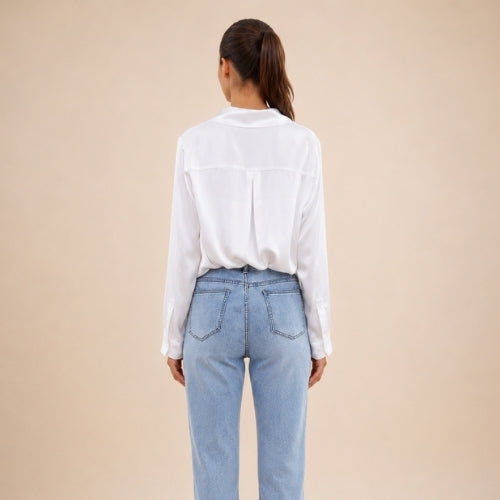 Olivia - White Double Pocket Silk Blouse | The Silk Avenue