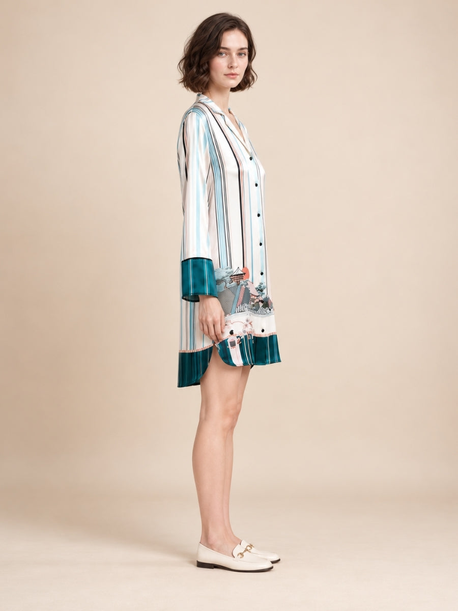 Olyssia - White Printed Silk Shirt Dress | The Silk Avenue