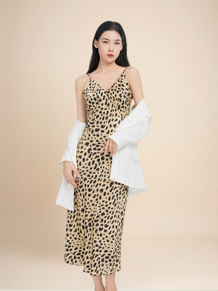 Oranya - Leopard Print V-Neck Silk Dress | The Silk Avenue