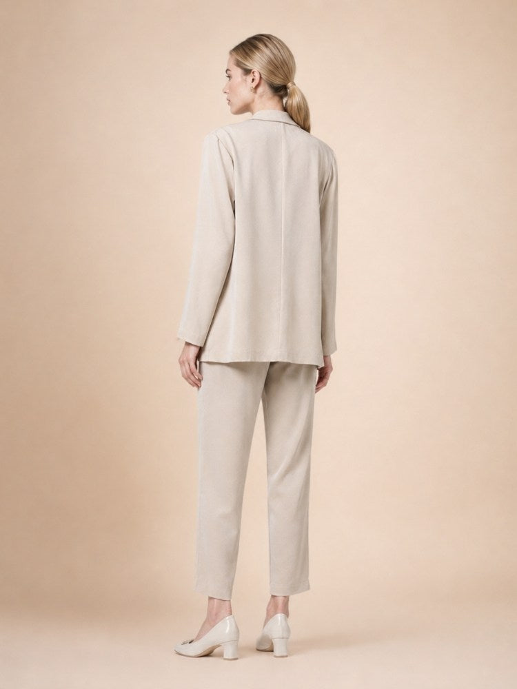Oriessa - Light Gray Crepe Silk Blazer Suit Set | The Silk Avenue