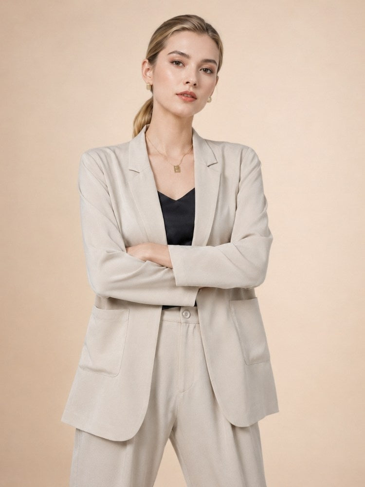 Oriessa - Light Gray Crepe Silk Blazer Suit Set | The Silk Avenue