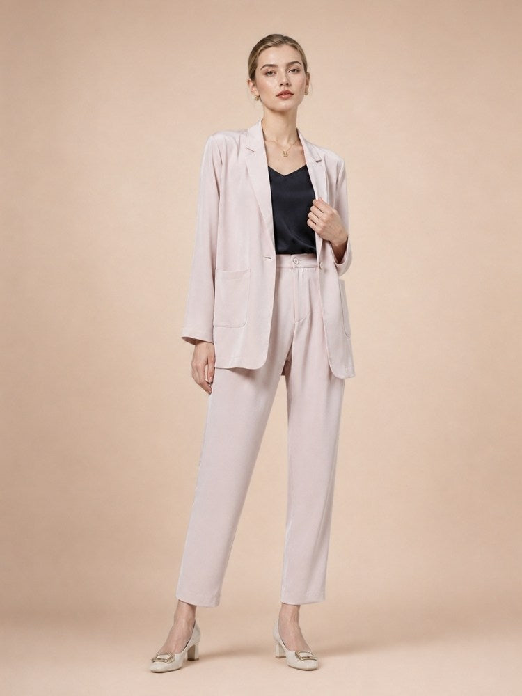 Oriessa - Blush Pink Crepe Silk Blazer Suit Set | The Silk Avenue