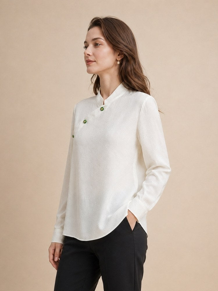 Oserine - White Mandarin Collar Silk Blouse | The Silk Avenue