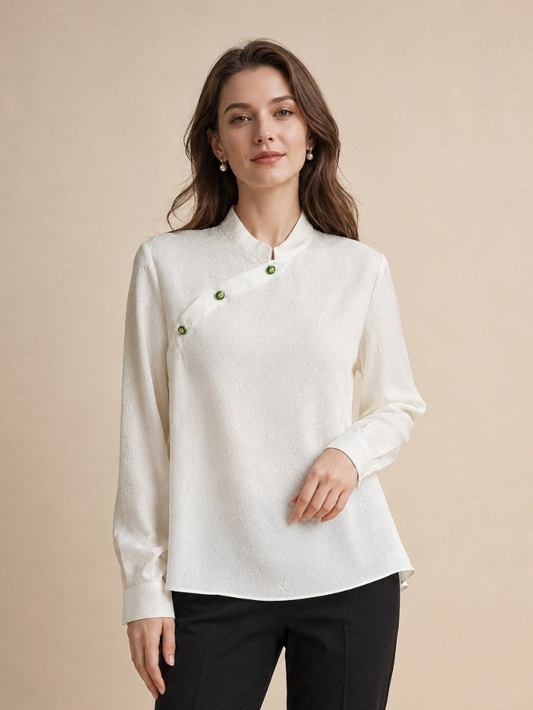 Oserine - White Mandarin Collar Silk Blouse | The Silk Avenue