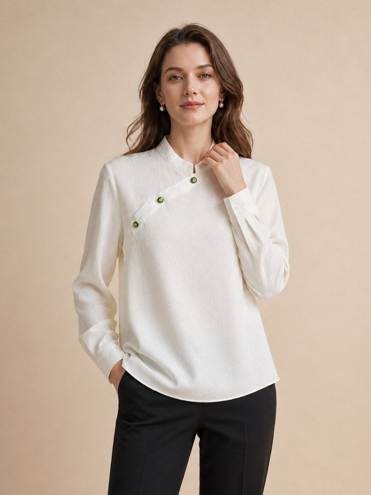 Oserine - White Mandarin Collar Silk Blouse | The Silk Avenue