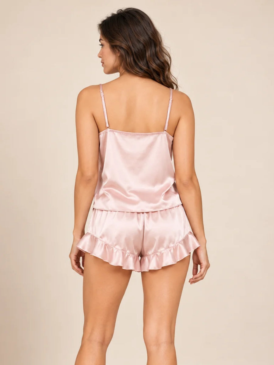Pyrrisa - Pink Ruffle-Hem Silk Camisole & Shorts Set | The Silk Avenue
