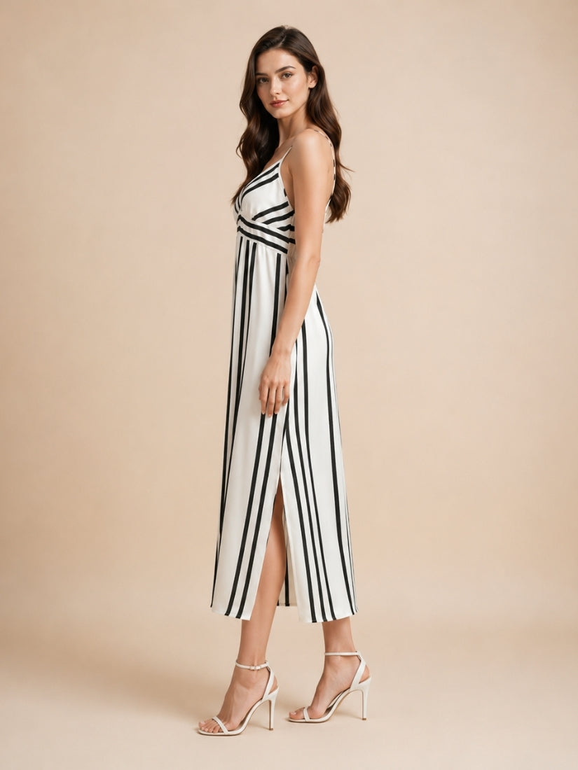 Rose - Black and White Striped Silk Slip Dress | The Silk Avenue