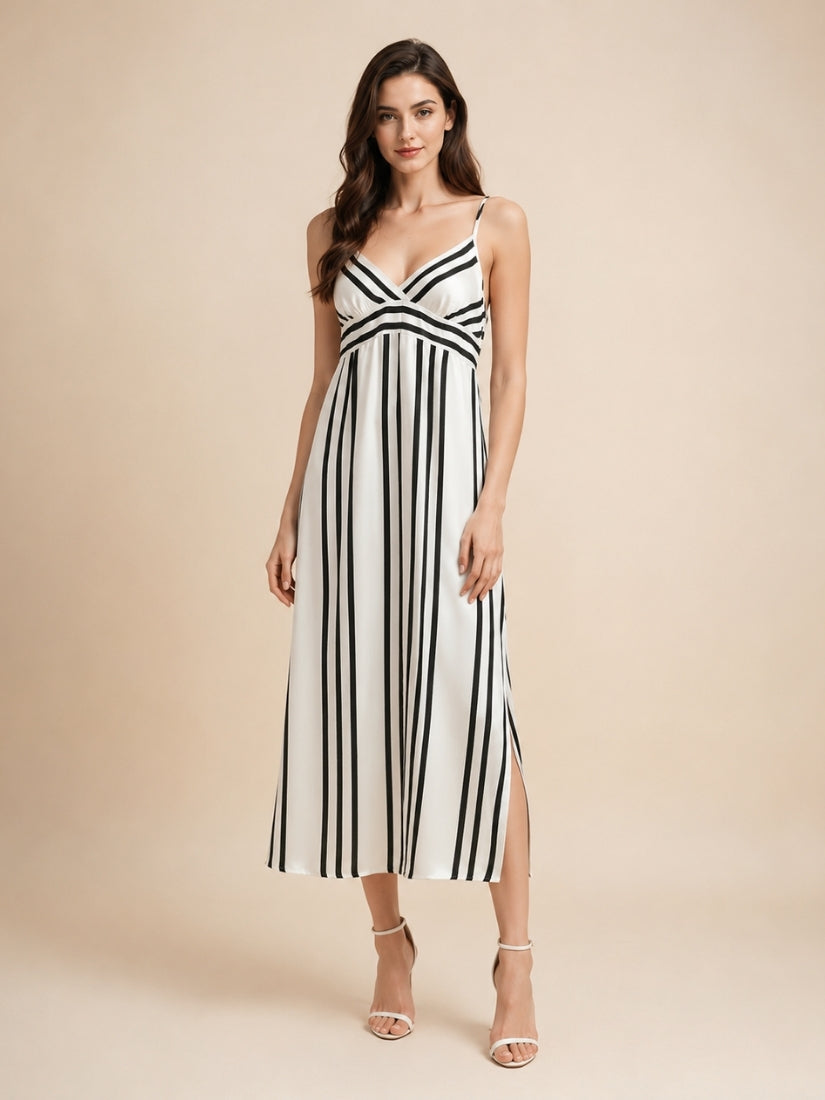 Rose - Black and White Striped Silk Slip Dress | The Silk Avenue