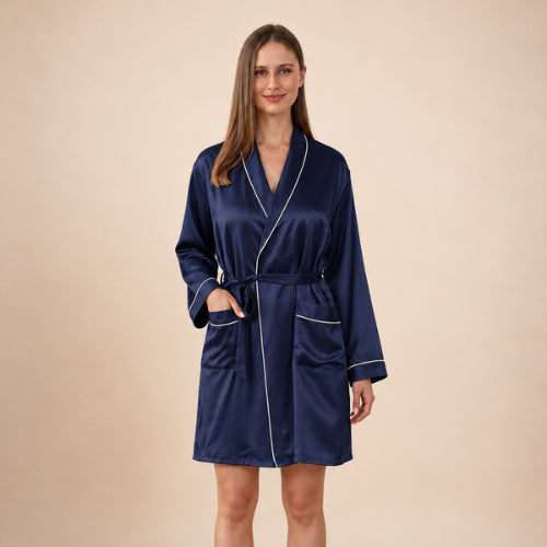 Sarvella - Navy Silk Kimono Robe | The Silk Avenue