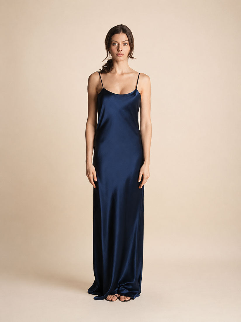 Senira - Navy Spaghetti Strap Silk Maxi Dress | The Silk Avenue