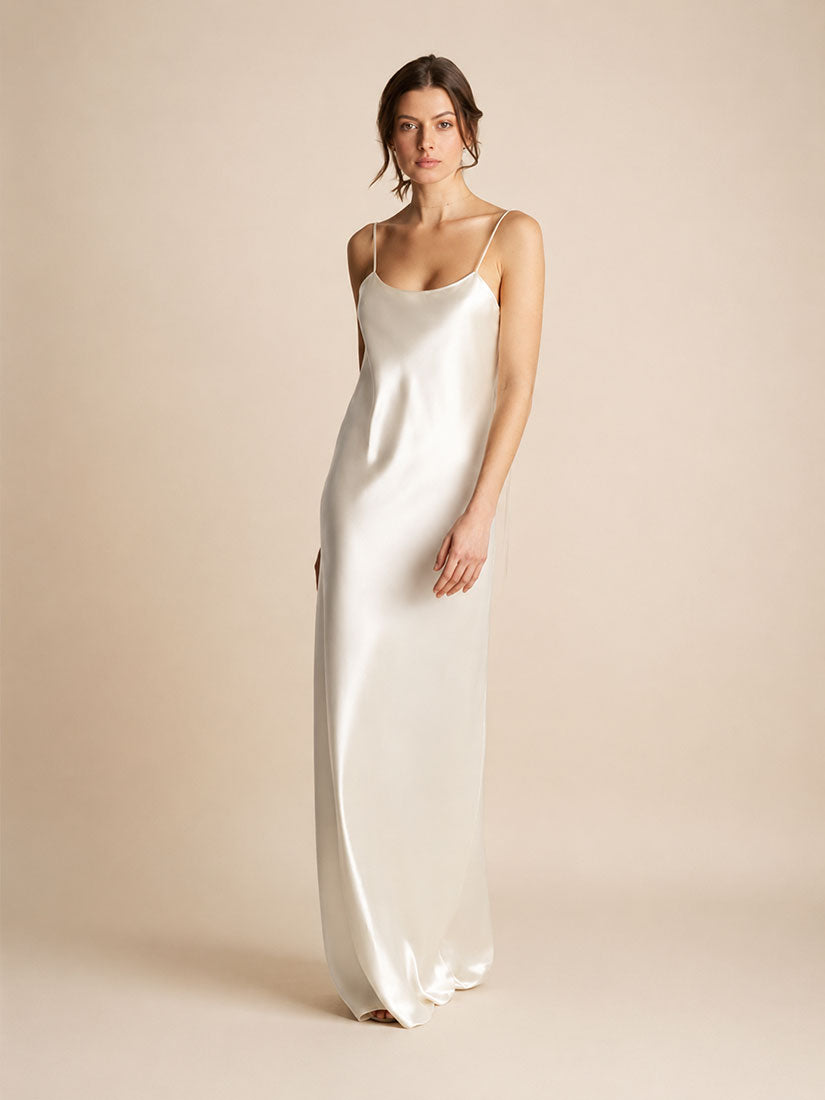 Senira - White Spaghetti Strap Silk Maxi Dress | The Silk Avenue
