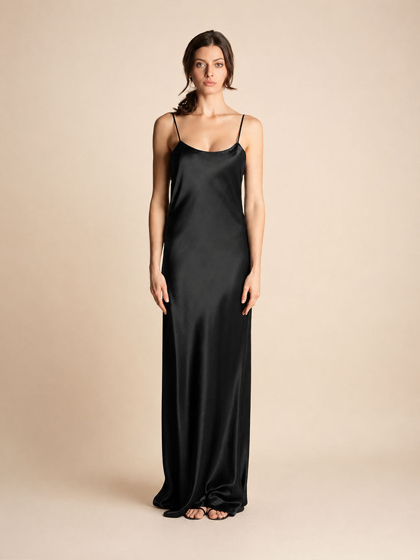 Senira - Black Spaghetti Strap Silk Maxi Dress | The Silk Avenue