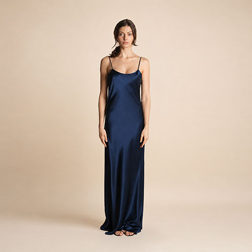 Senira - Navy Spaghetti Strap Silk Maxi Dress | The Silk Avenue