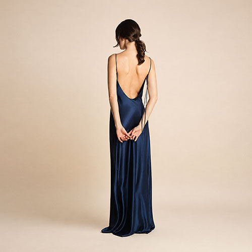 Senira - Navy Spaghetti Strap Silk Maxi Dress | The Silk Avenue