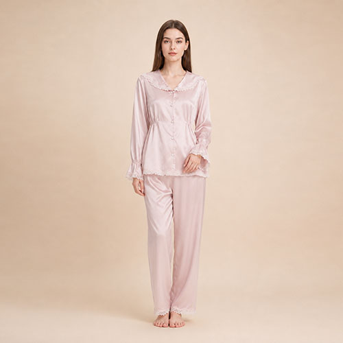 Syllara - Blush Pink Lace Trim Silk Pajama Set | The Silk Avenue