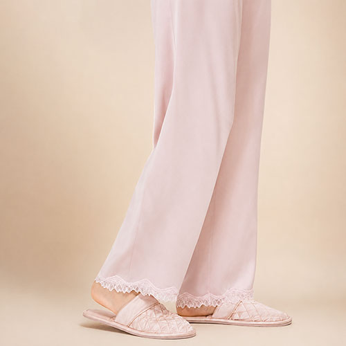 Syllara - Blush Pink Lace Trim Silk Pajama Set | The Silk Avenue