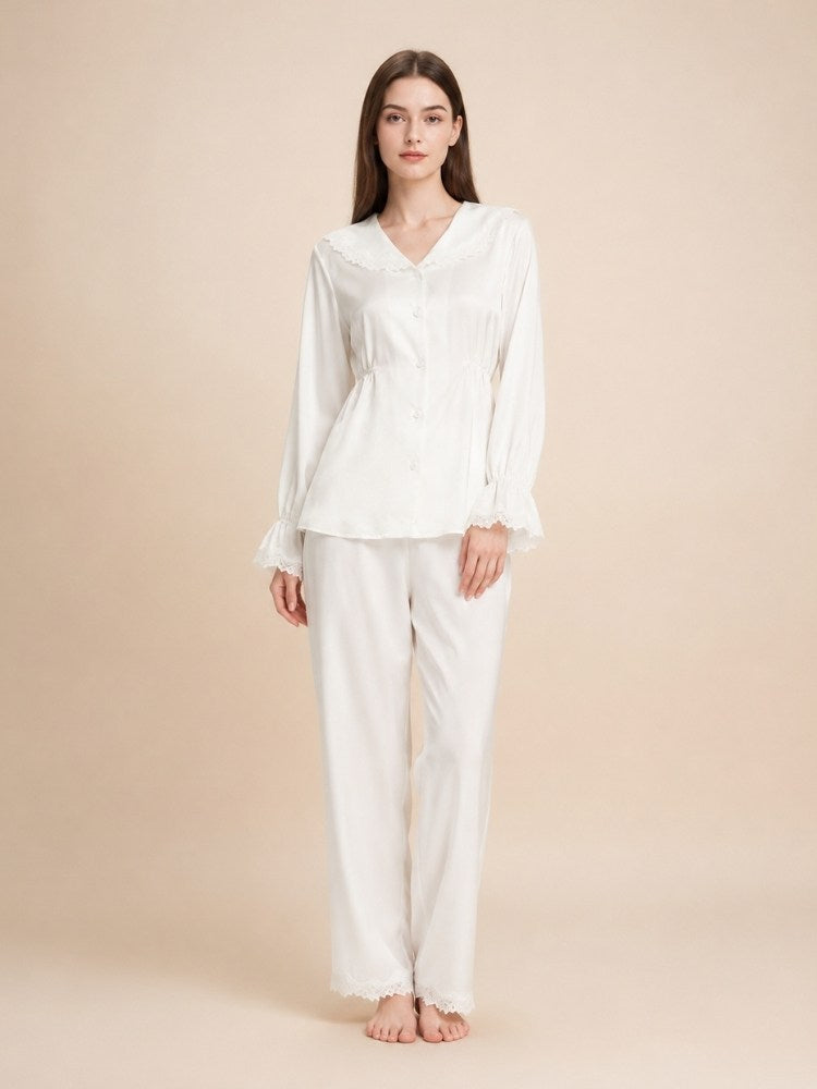 Syllara - White Lace Trim Silk Pajama Set | The Silk Avenue