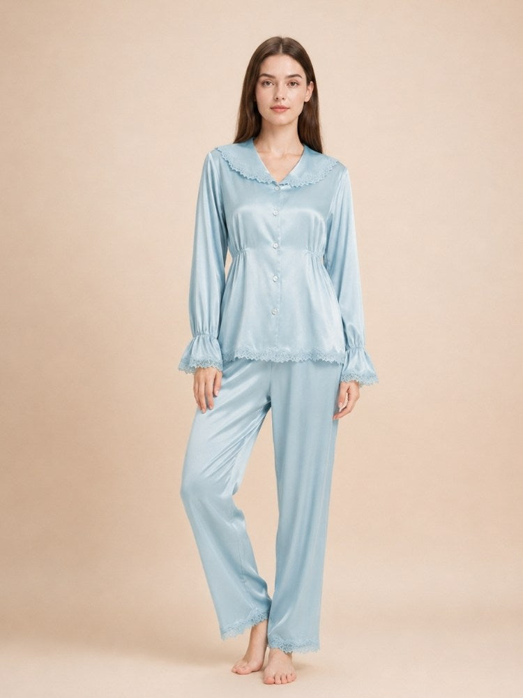 Syllara - Light Blue Lace Trim Silk Pajama Set | The Silk Avenue