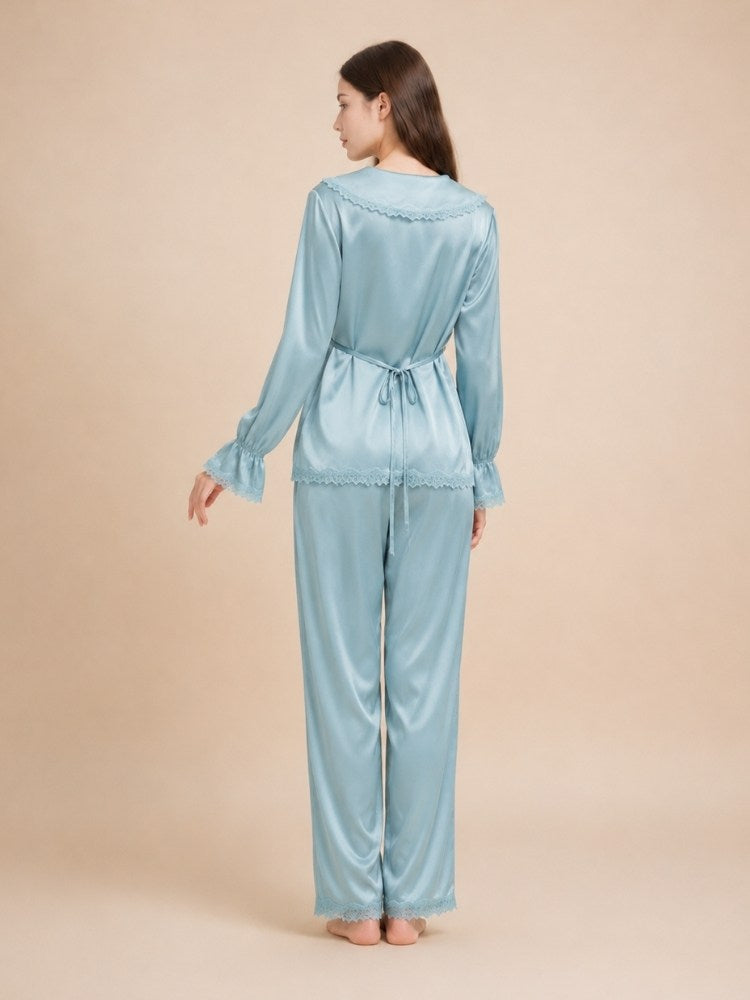 Syllara - Light Blue Lace Trim Silk Pajama Set | The Silk Avenue