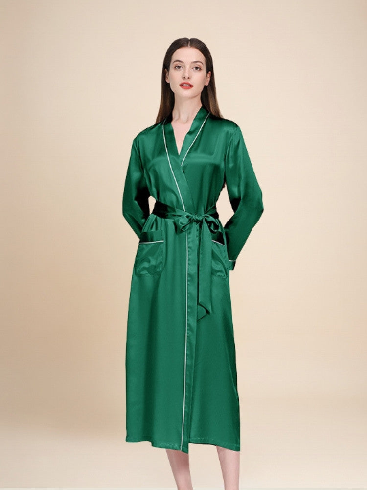 Taisia - Silk Piping Trim Long Robe | The Silk Avenue