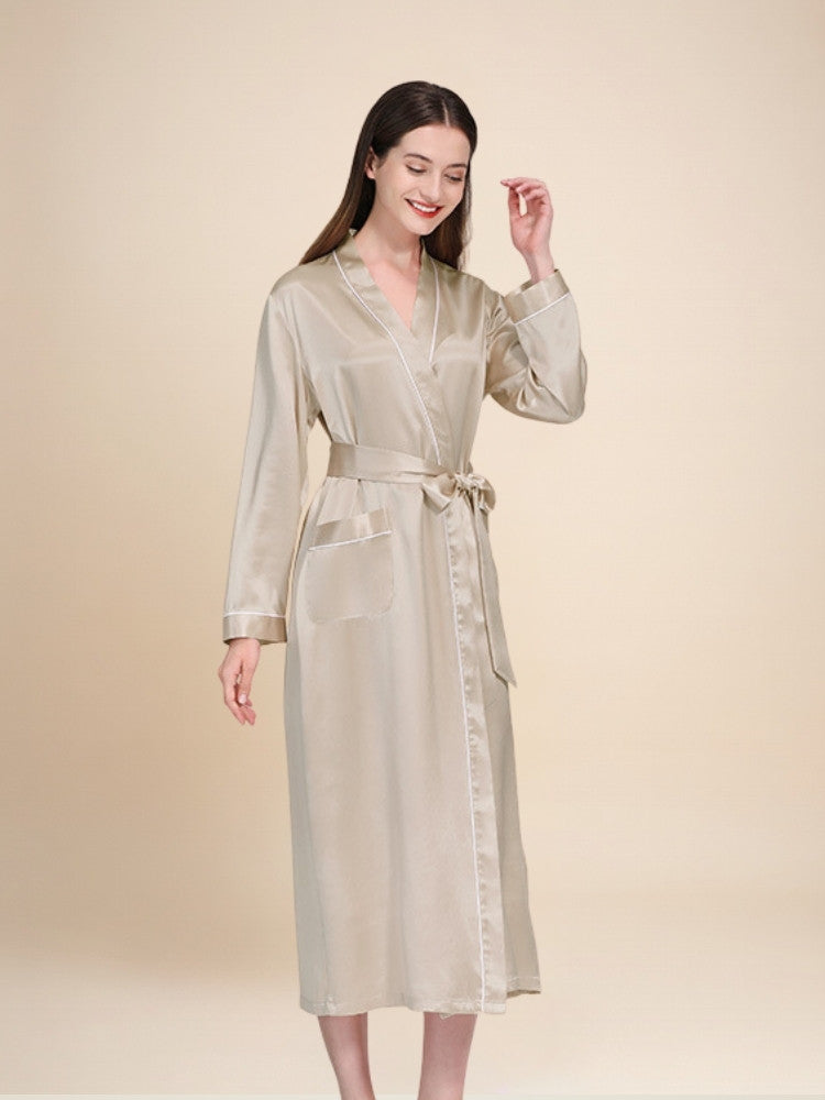 Taisia - Silk Piping Trim Long Robe | The Silk Avenue