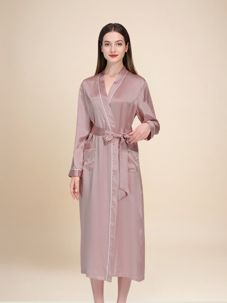 Taisia - Silk Piping Trim Long Robe | The Silk Avenue
