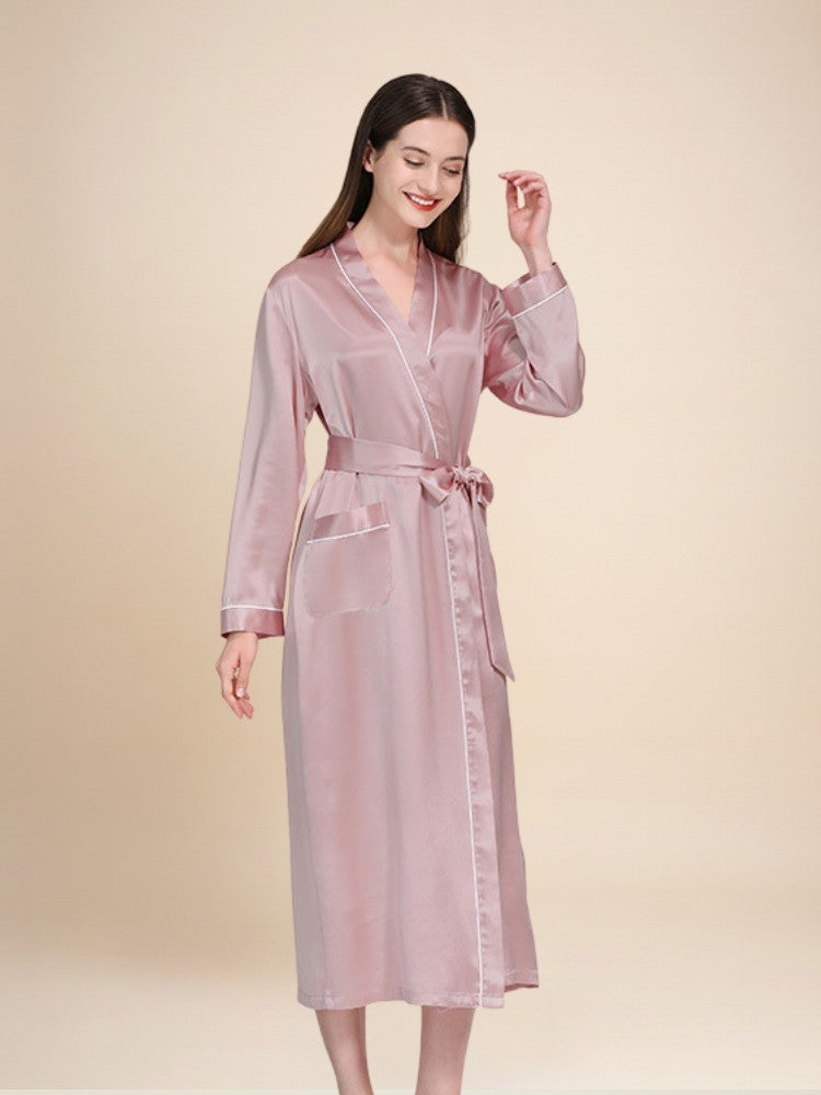 Taisia - Silk Piping Trim Long Robe | The Silk Avenue