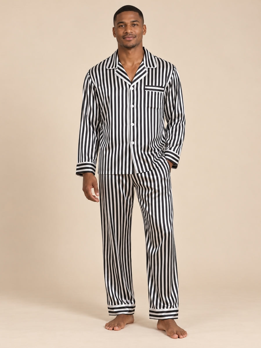 Thelian - Black and White Striped Silk Pajama Set | The Silk Avenue