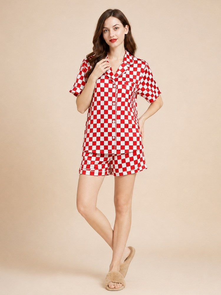 Ulissa - Red Checkered Short Silk Pajama Set | The Silk Avenue