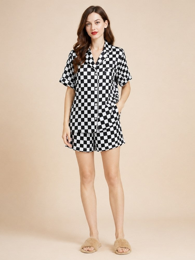 Ulissa - Black Checkered Short Silk Pajama Set | The Silk Avenue