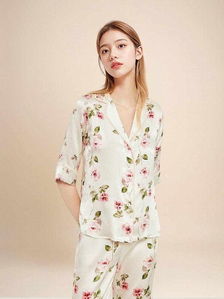 Veliane - Floral Silk Pajama Set | The Silk Avenue