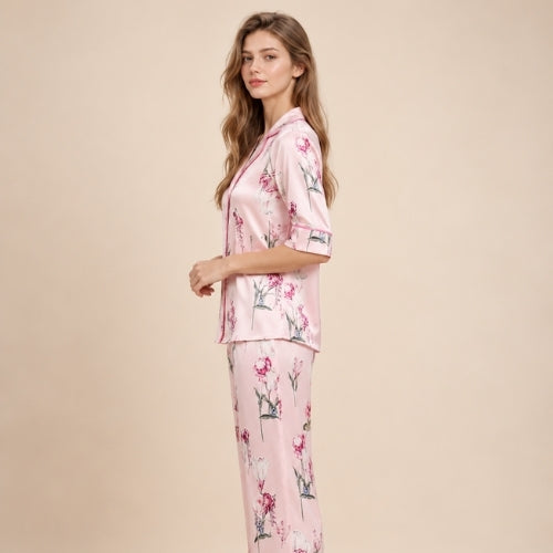 Veliane - Pink Floral Silk Pajama Set | The Silk Avenue