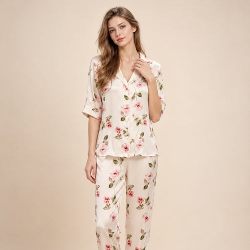 Veliane - Pink Floral Silk Pajama Set | The Silk Avenue