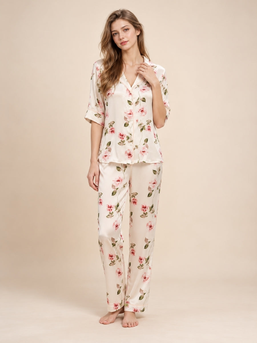 Veliane - Ivory Floral Silk Pajama Set | The Silk Avenue