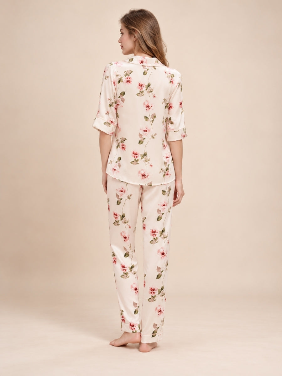 Veliane - Ivory Floral Silk Pajama Set | The Silk Avenue