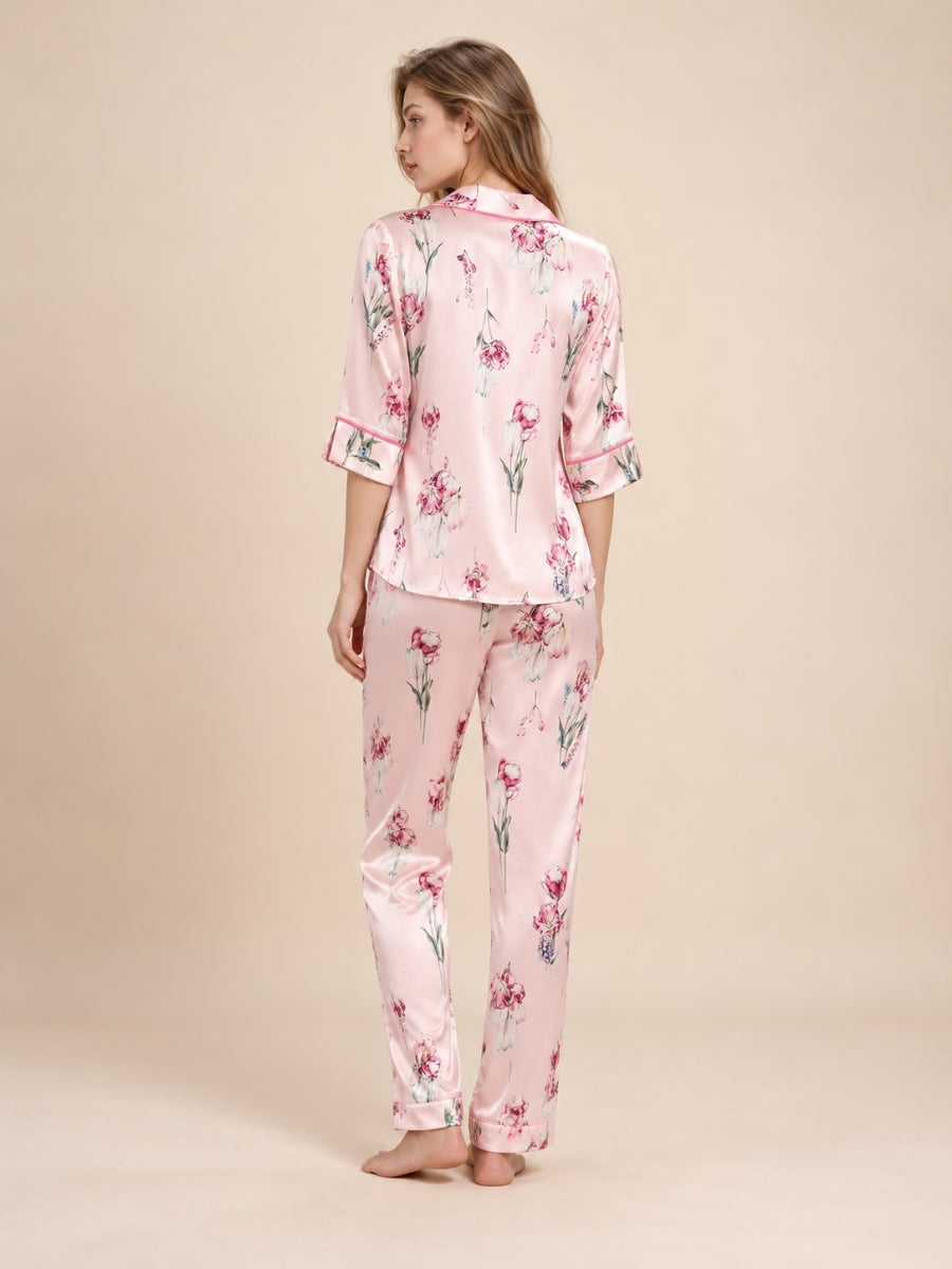 Veliane - Pink Floral Silk Pajama Set | The Silk Avenue