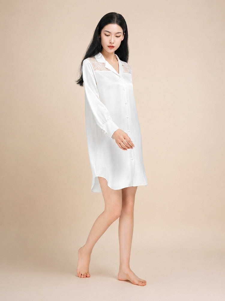 Virelle - Lace Panel Silk Shirt Dress | The Silk Avenue