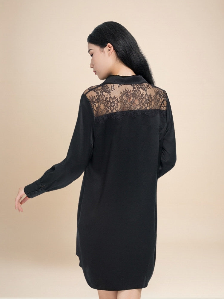 Virelle - Lace Panel Silk Shirt Dress | The Silk Avenue