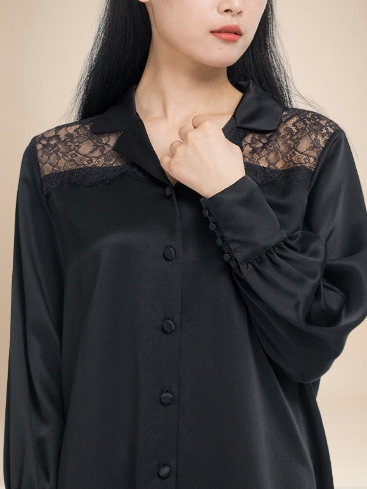 Virelle - Lace Panel Silk Shirt Dress | The Silk Avenue
