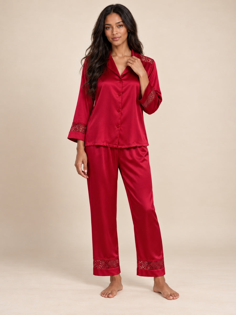 Ysenda - Red Silk Lace Pajama Set | The Silk Avenue