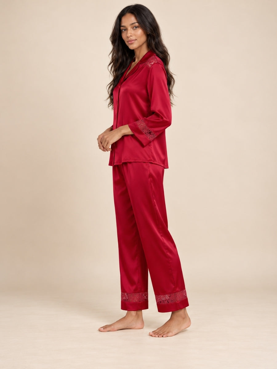 Ysenda - Red Silk Lace Pajama Set | The Silk Avenue