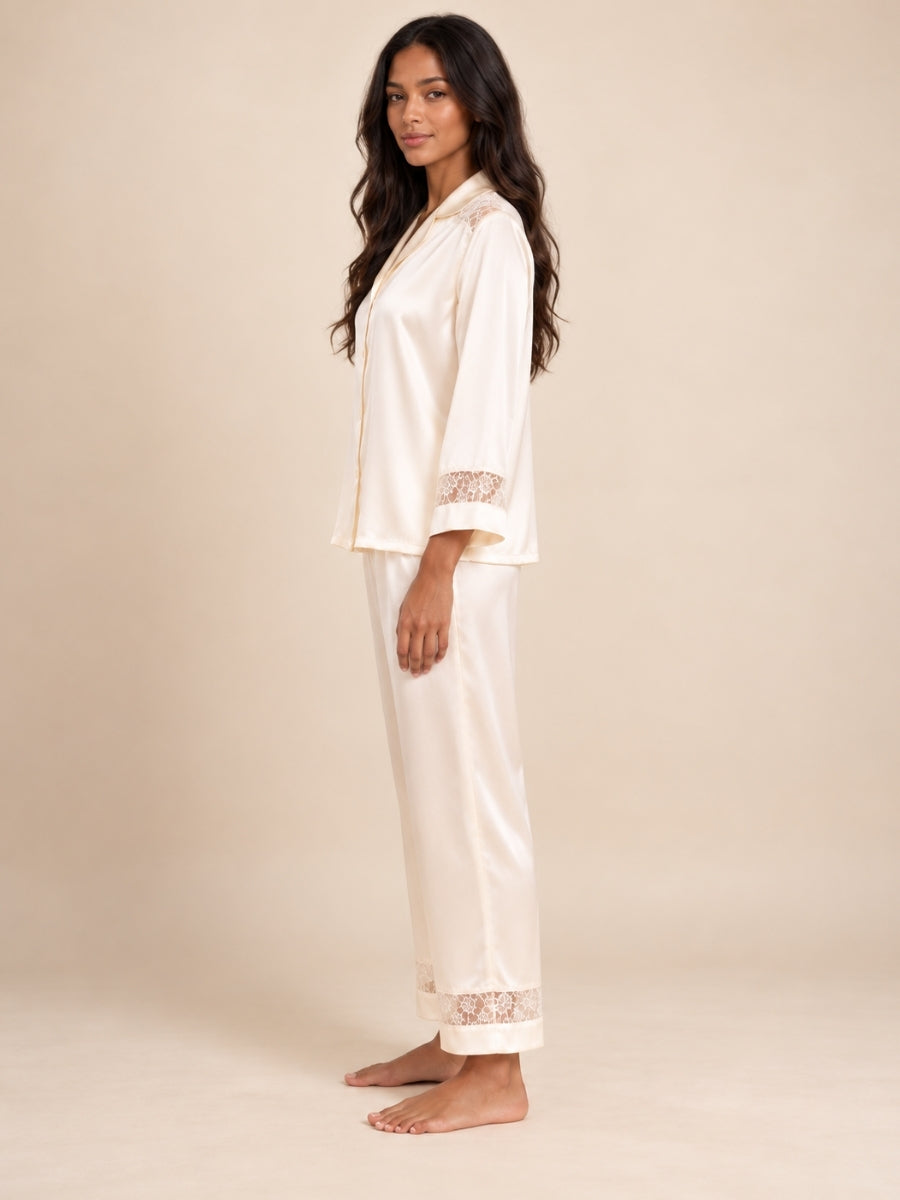 Ysenda - Ivory Silk Lace Pajama Set | The Silk Avenue
