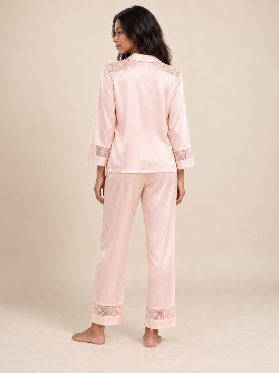 Ysenda - Pink Silk Lace Pajama Set | The Silk Avenue