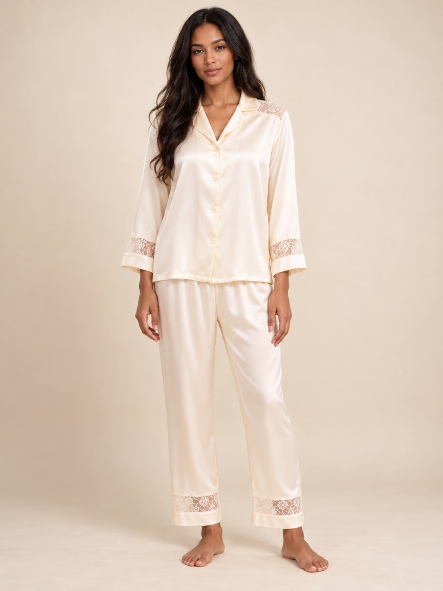 Ysenda - Ivory Silk Lace Pajama Set | The Silk Avenue